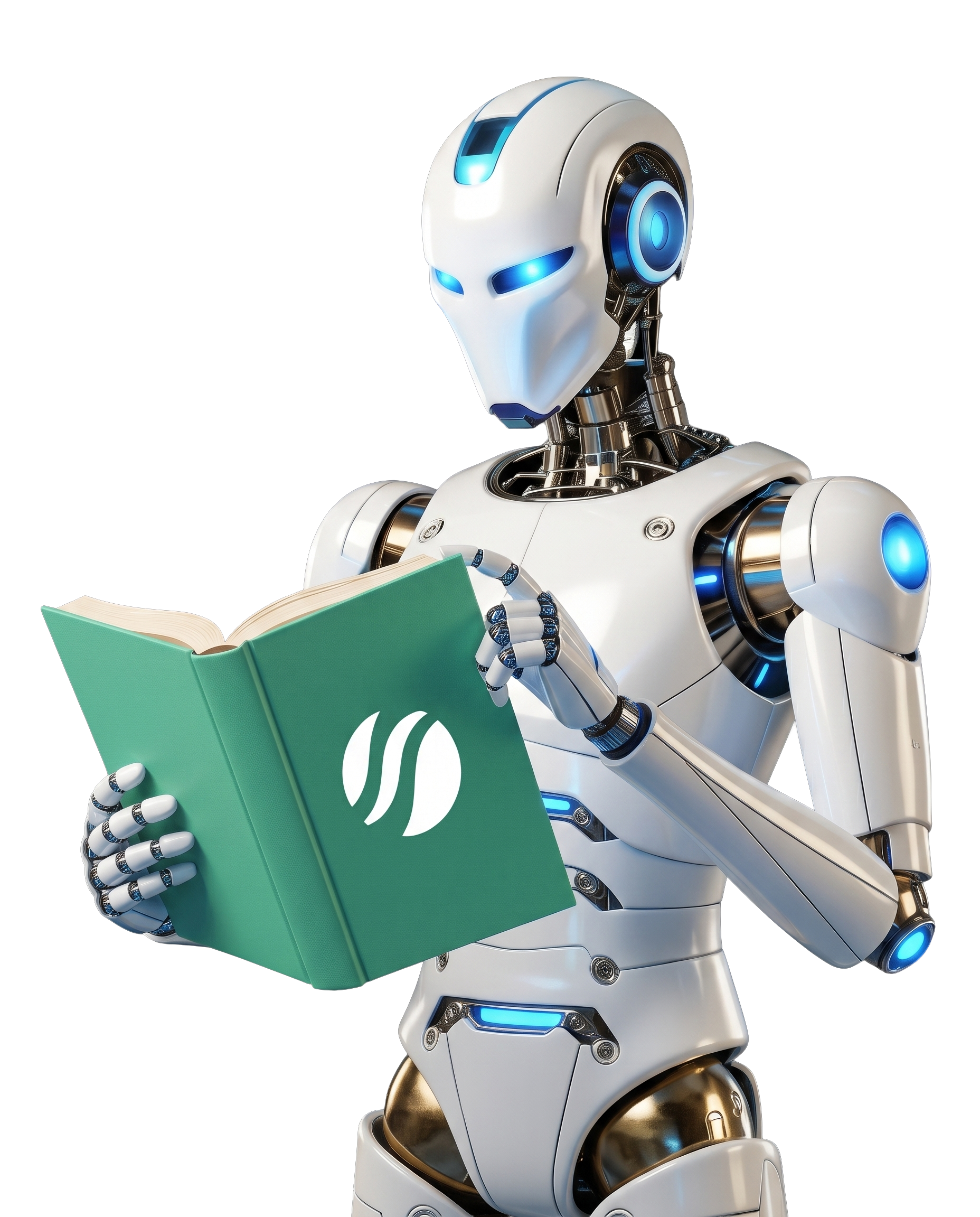 Robot mascota de TCIT leyendo el ebook de tendencias en IA